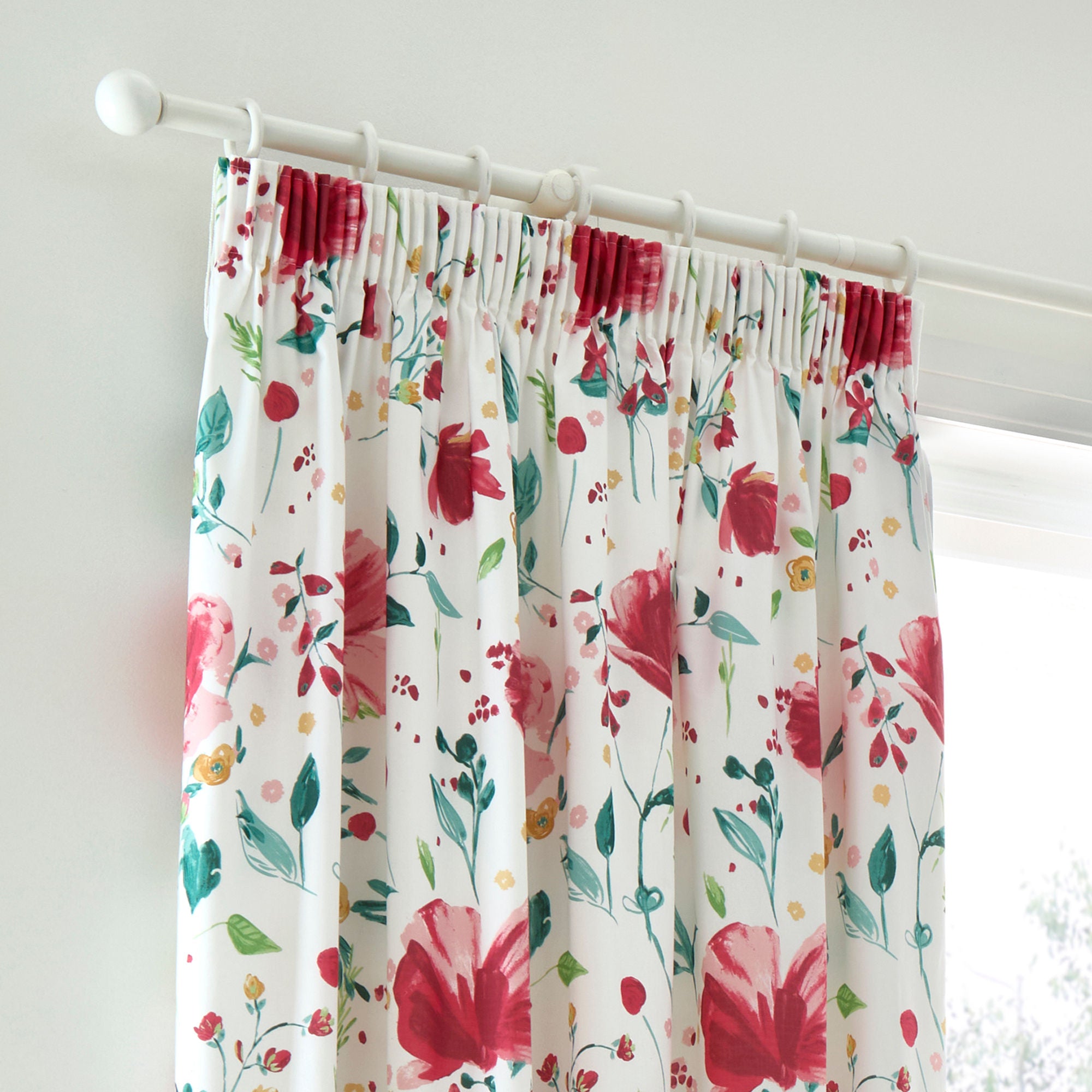 Abstract Poppy Pair of Pencil Pleat Curtains in Red - Pair of Pencil Pleat Curtains - Dreams & Drapes