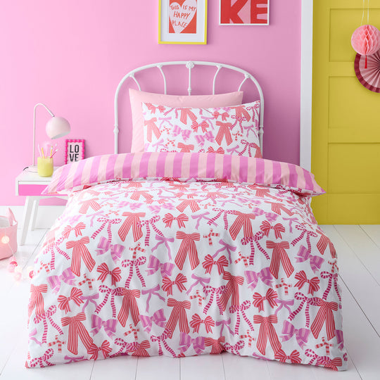 Bow and Stripes Duvet Cover Set in Pink