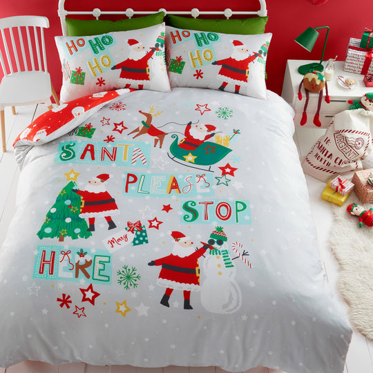 Santa Please Stop Here Christmas Duvet Cover Set in Grey