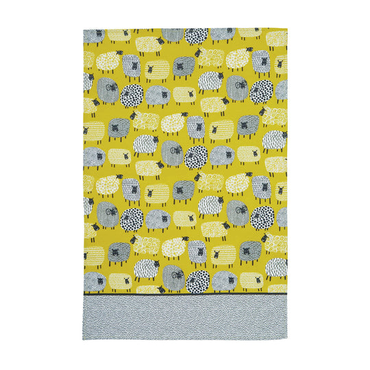 Dotty Sheep Cotton Tea Towel in Yellow