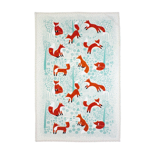 Foraging Fox Cotton Tea Towel in Blue