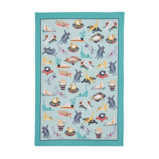Kitty Cats Cotton Tea Towel in Blue
