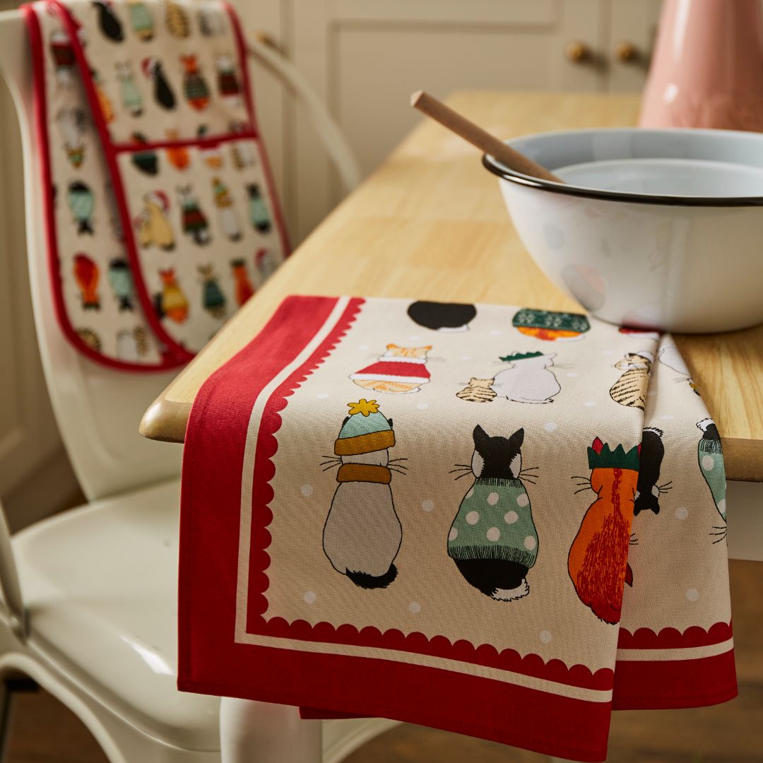 Ulster Weavers Recycled Cotton Tea Towel - Christmas Cats in Waiting (Red) - Tea Towel - Ulster Weavers