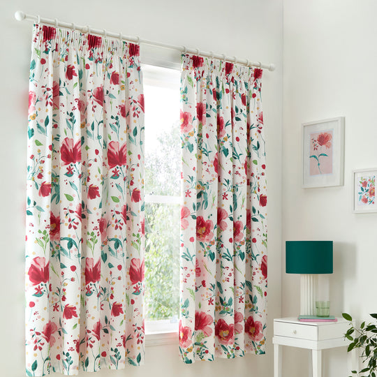 Abstract Poppy Pair of Pencil Pleat Curtains in Red
