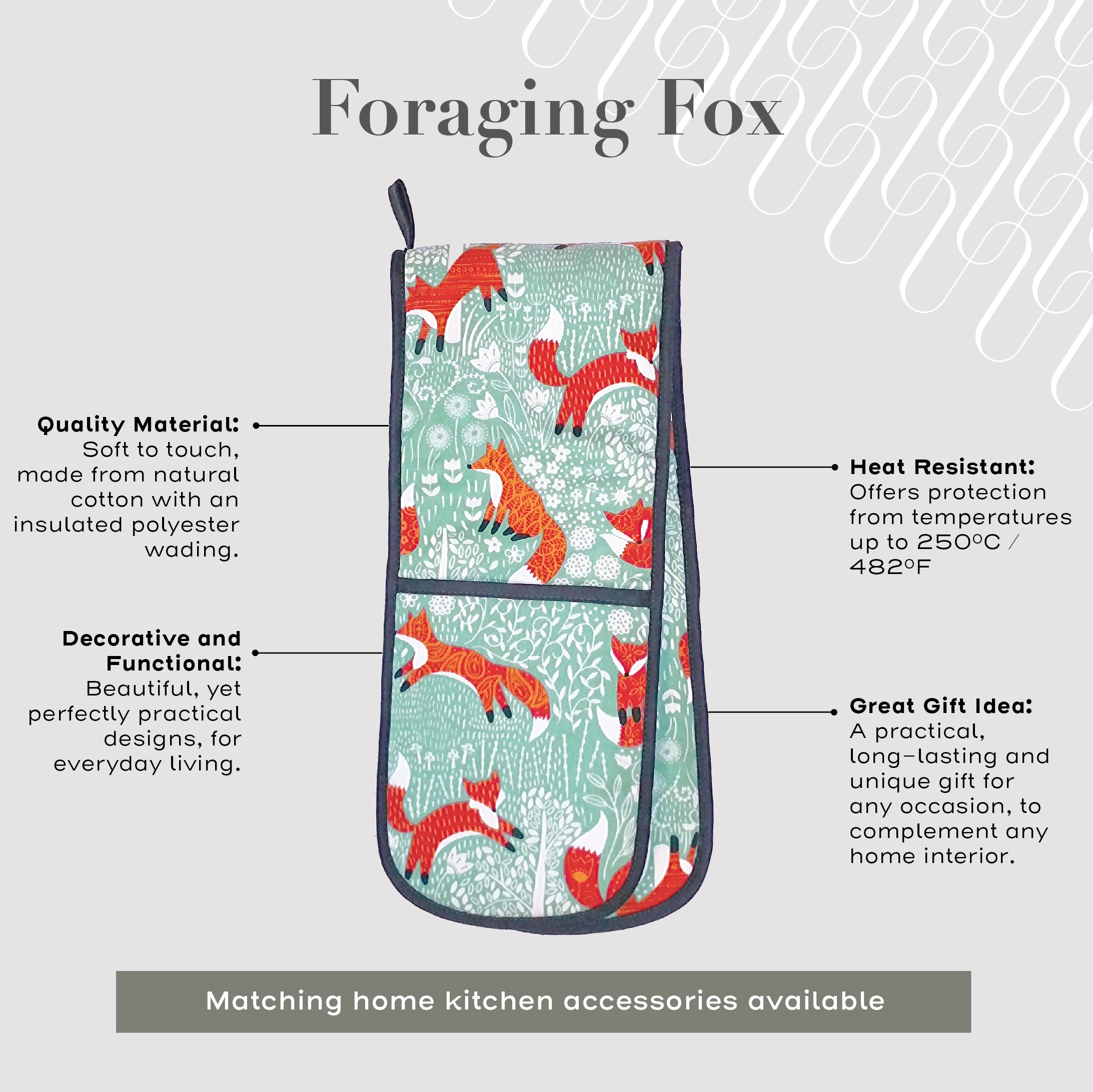 Ulster Weavers Double Oven Glove - Foraging Fox (100% Cotton Outer; 100% Polyester wadding; CE marked, Blue) - Double Oven Glove - Ulster Weavers
