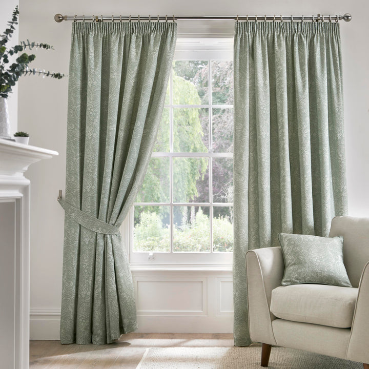 Aveline Pair of Pencil Pleat Curtains With Tie-Backs by Dreams & Drapes in Green - Pair of Pencil Pleat Curtains With Tie-Backs - Dreams & Drapes Curtains