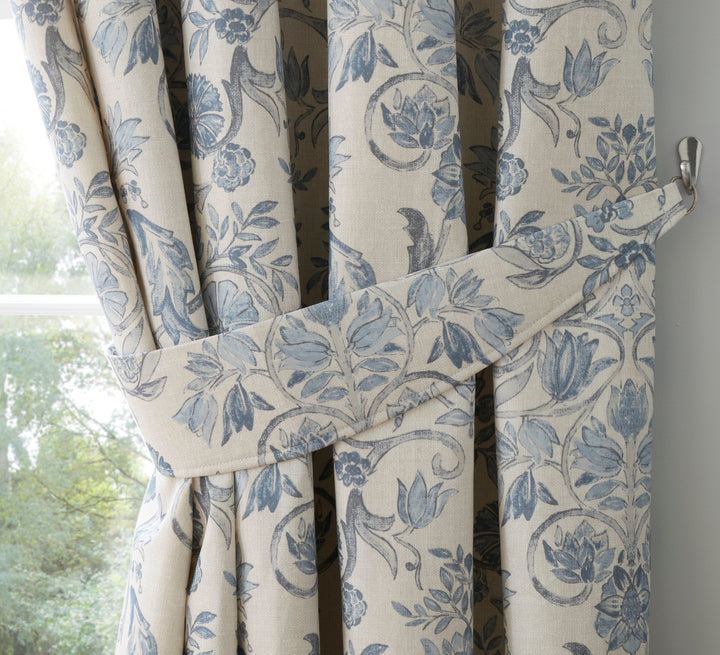 Averie Pair of Pencil Pleat Curtains With Tie-Backs by Dreams & Drapes Design in Blue - Pair of Pencil Pleat Curtains With Tie-Backs - Dreams & Drapes Design
