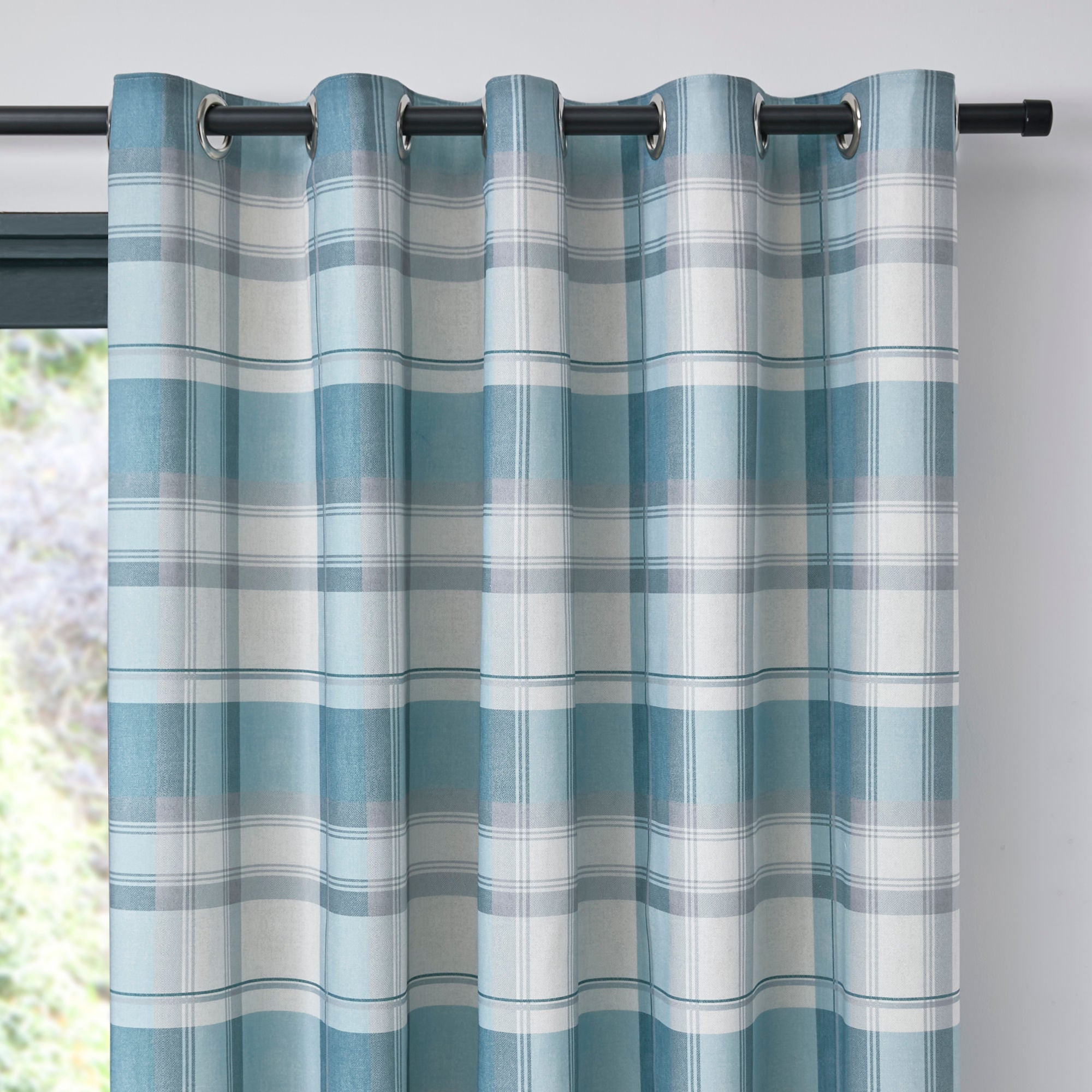 Balmoral Check Pair of Eyelet Curtains by Fusion in Duck Egg - Pair of Eyelet Curtains - Fusion