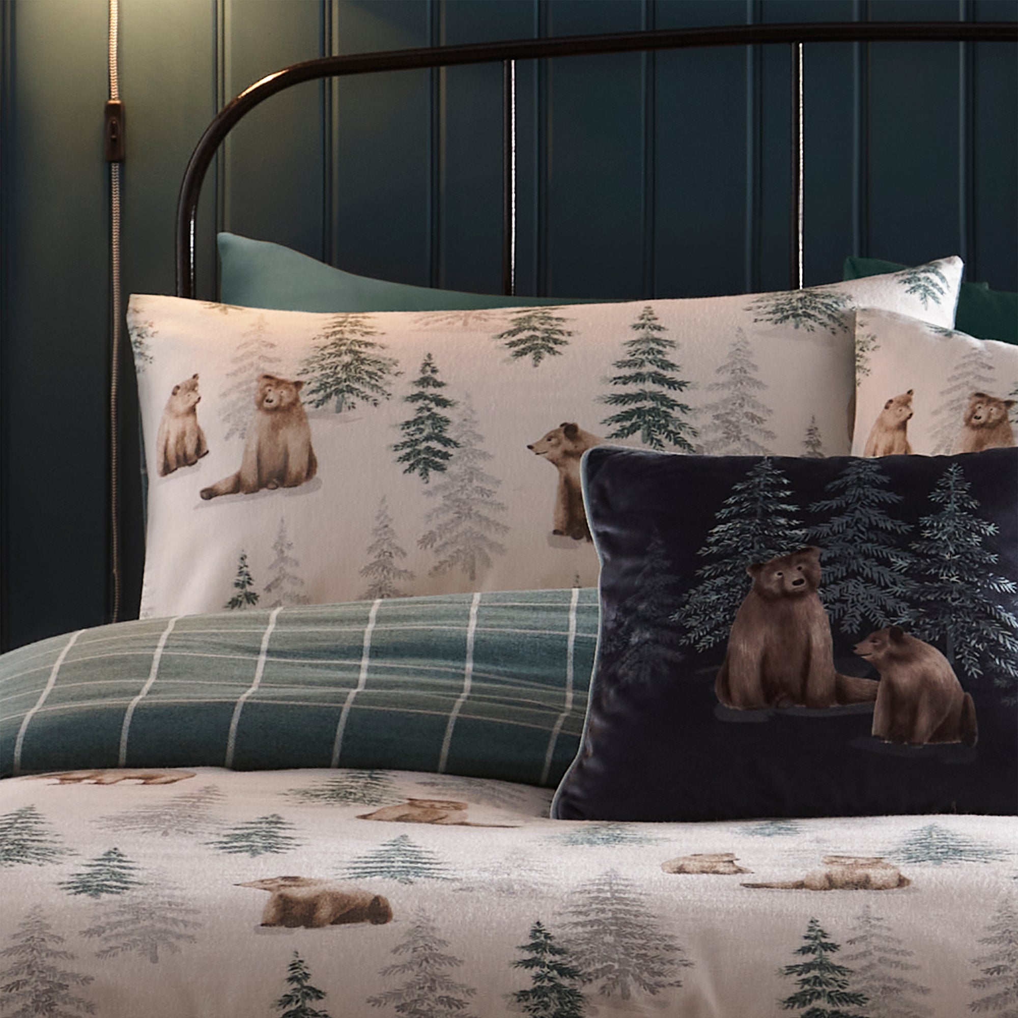 Bear Walks Cushion by Dreams & Drapes Lodge in Teal 43 x 43cm - Cushion - Dreams & Drapes Lodge