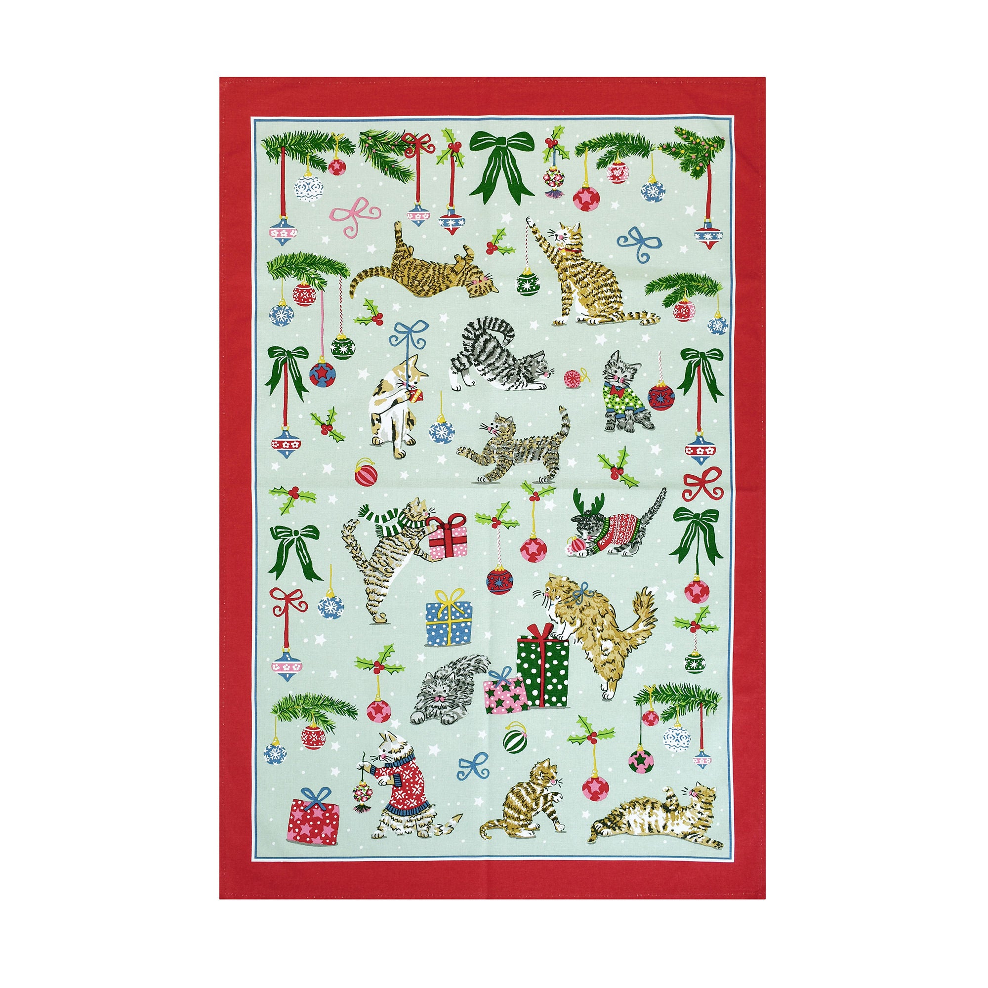 Christmas Cats Cotton Tea Towel in Seafoam - Tea Towel - Ulster Weavers