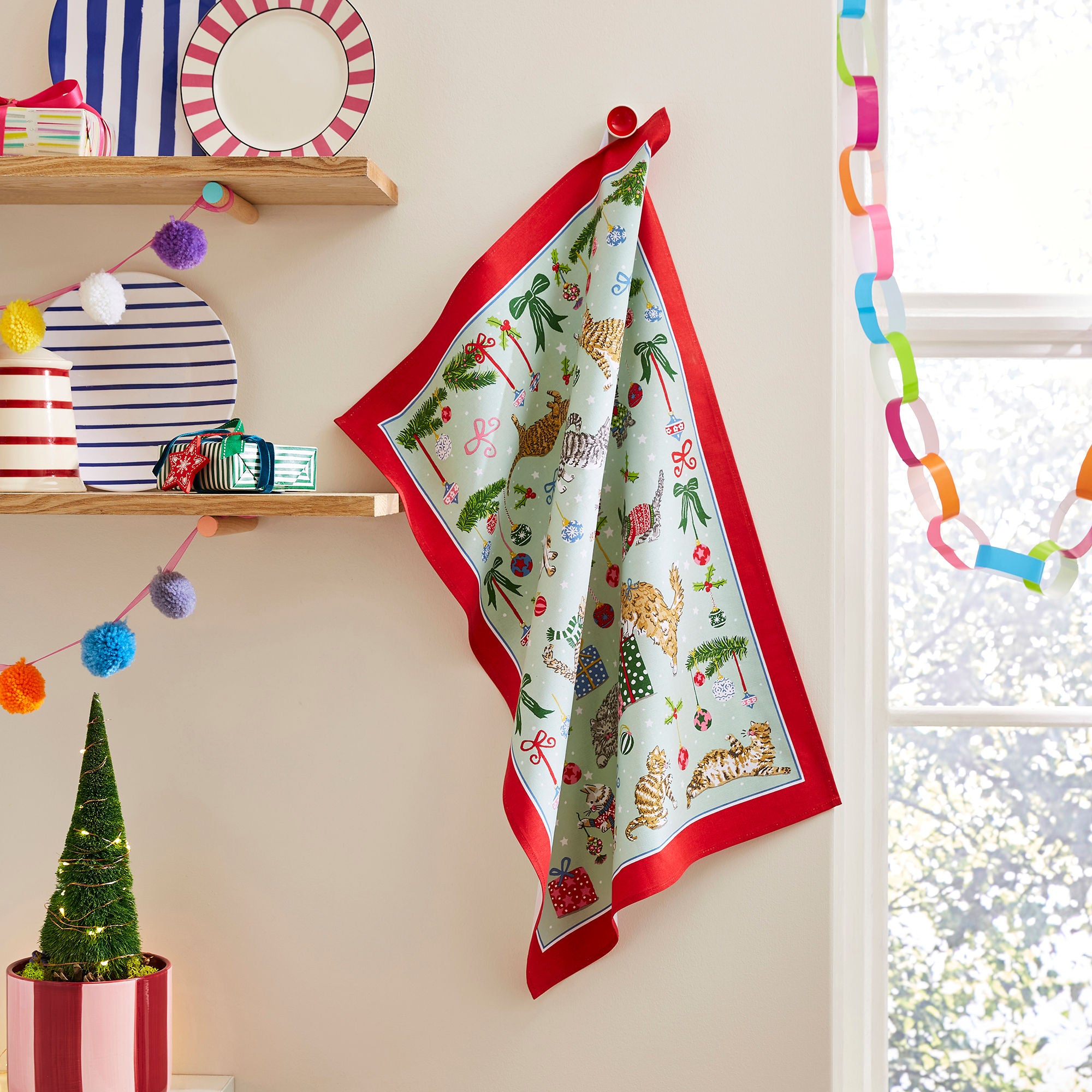 Christmas Cats Cotton Tea Towel in Seafoam - Tea Towel - Ulster Weavers