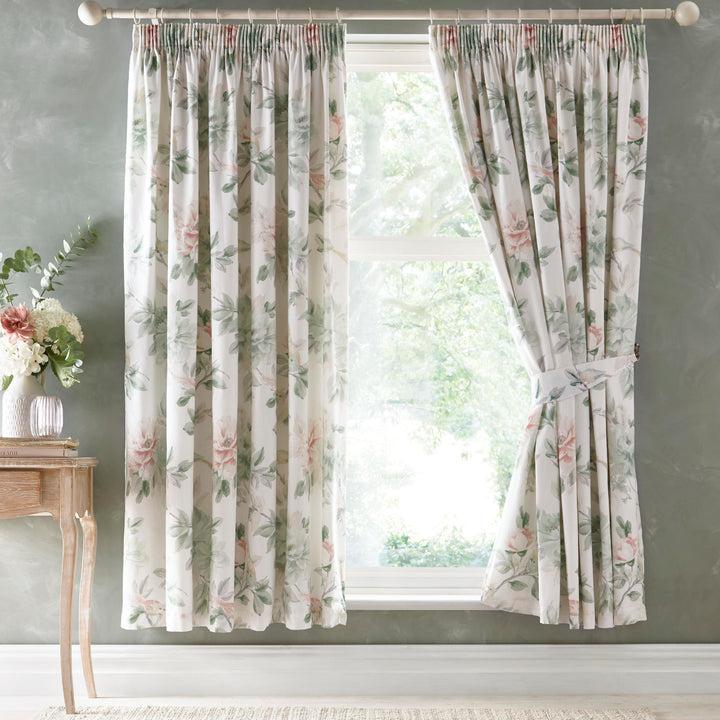 Campion Pair of Pencil Pleat Curtains With Tie-Backs by Appletree Heritage in Green/Coral - Pair of Pencil Pleat Curtains With Tie-Backs - Appletree Heritage