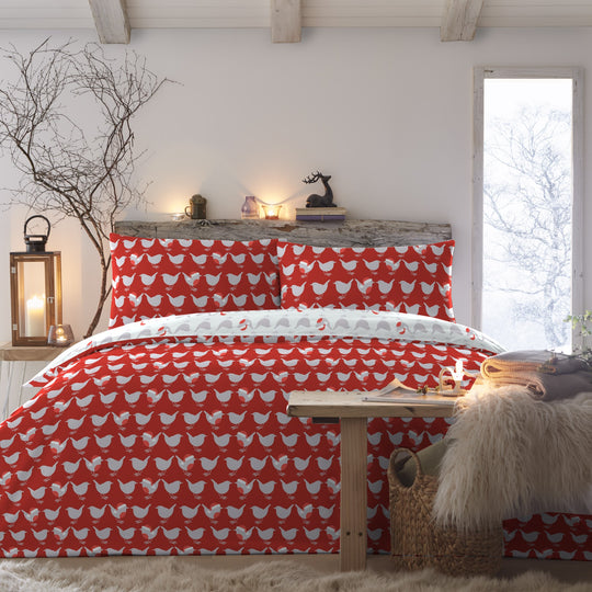 Geo Robin Christmas Duvet Cover Set in Red