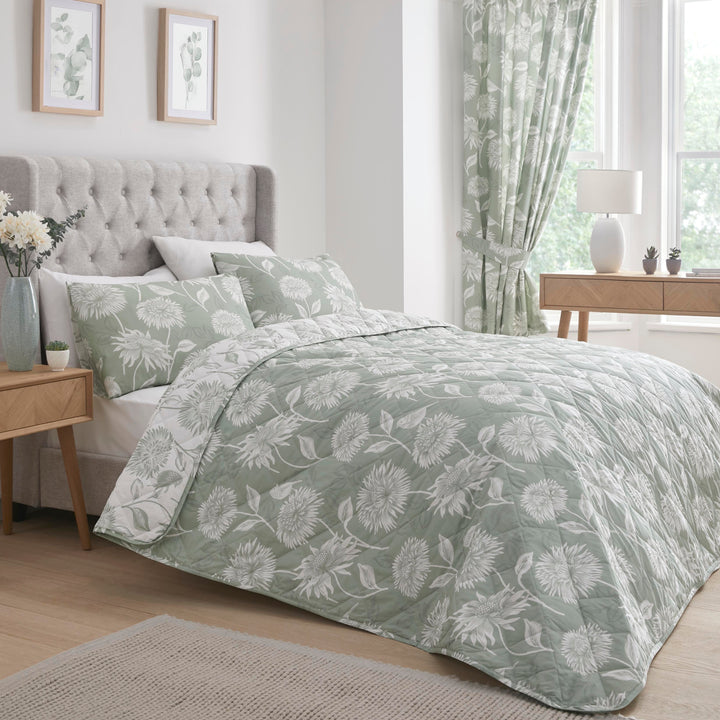 Chrysanthemum Bedspread by Dreams & Drapes Design in Green 200cm X 230cm - Bedspread - Dreams & Drapes Design