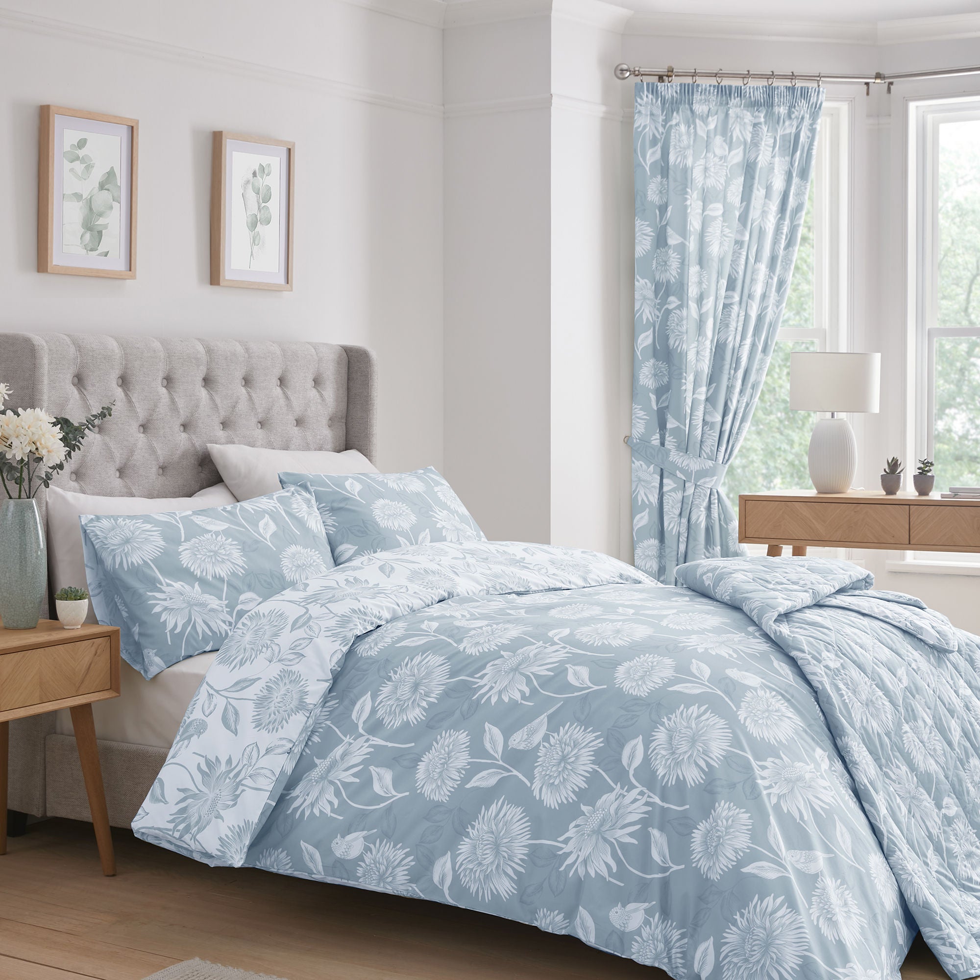 Chrysanthemum Pair of Pencil Pleat Curtains With Tie-Backs by Dreams & Drapes Design in Blue - Pair of Pencil Pleat Curtains With Tie-Backs - Dreams & Drapes Design