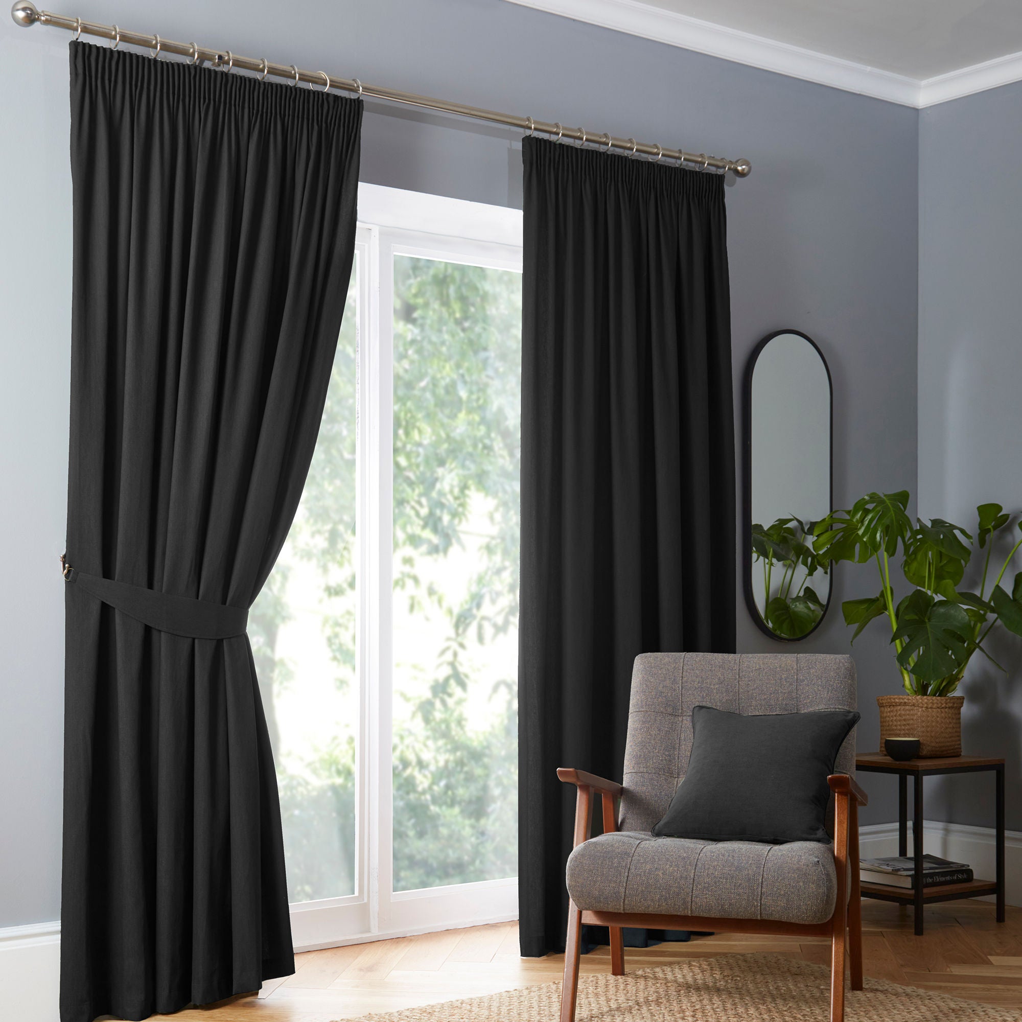 Dijon Pair of Pencil Pleat Curtains by Fusion in Black - Pair of Pencil Pleat Curtains - Fusion