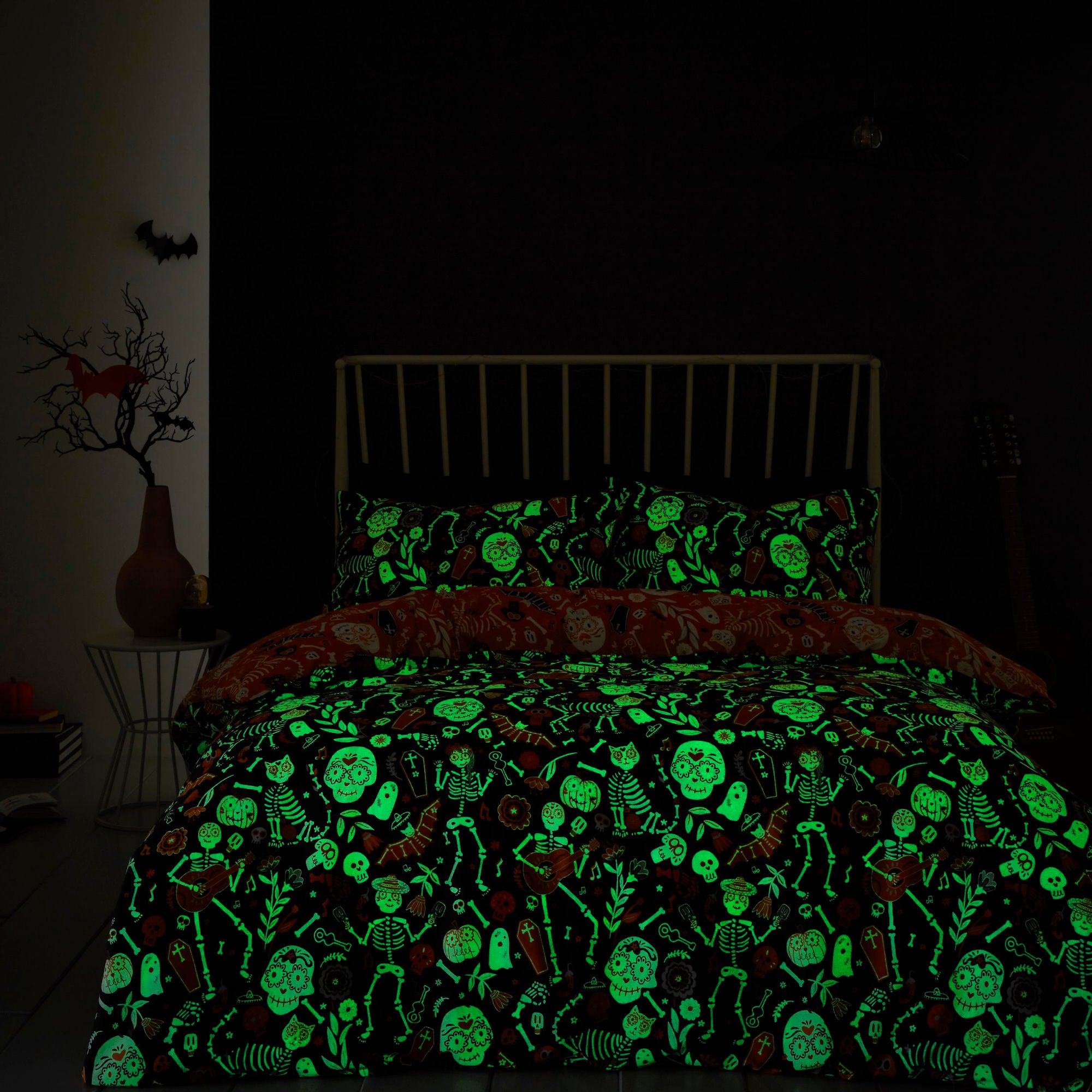 Halloween Day of the Dead Duvet Cover Set by Bedlam in Black/Orange - Duvet Cover Set - Bedlam