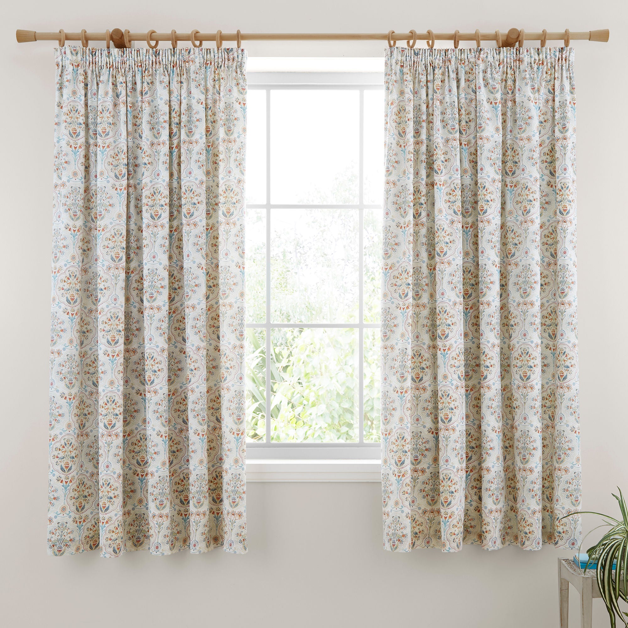 Edena Decorative Floral Pair of Pencil Pleat Curtains in Natural - Pair of Pencil Pleat Curtains - Dreams & Drapes