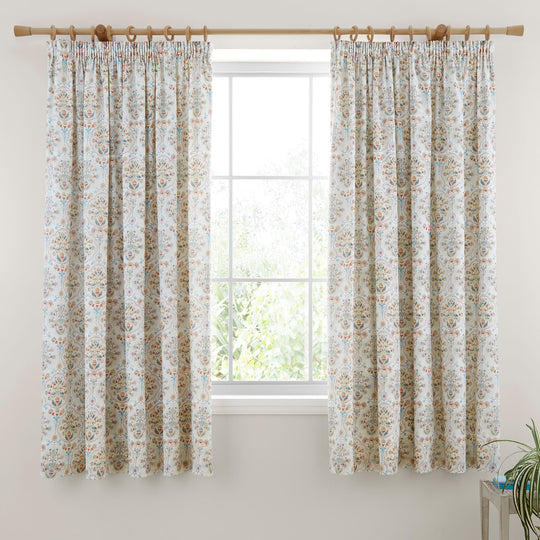 Edena Decorative Floral Pair of Pencil Pleat Curtains in Natural