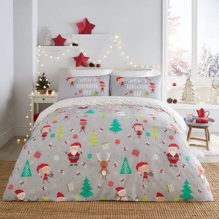 Elf & Santa Duvet Cover Set by Fusion Christmas in Grey - Duvet Cover Set - Fusion Christmas