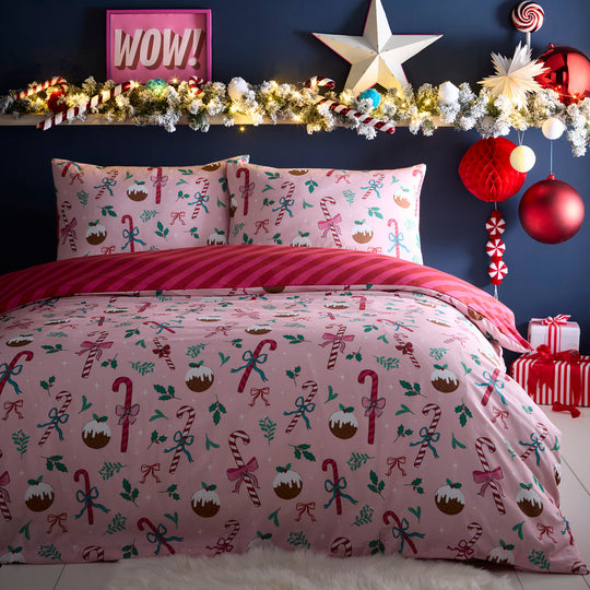 Festive Fancy Christmas Duvet Cover Set in Pink