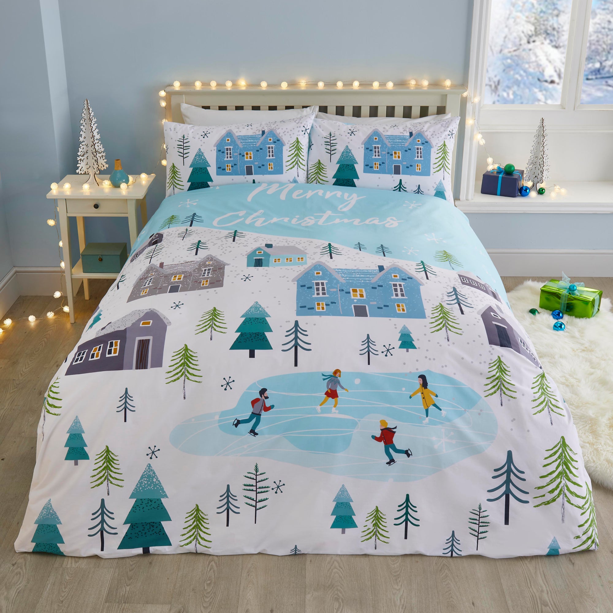 Festive Village Duvet Cover Set by Fusion Christmas in Duck Egg - Duvet Cover Set - Fusion Christmas