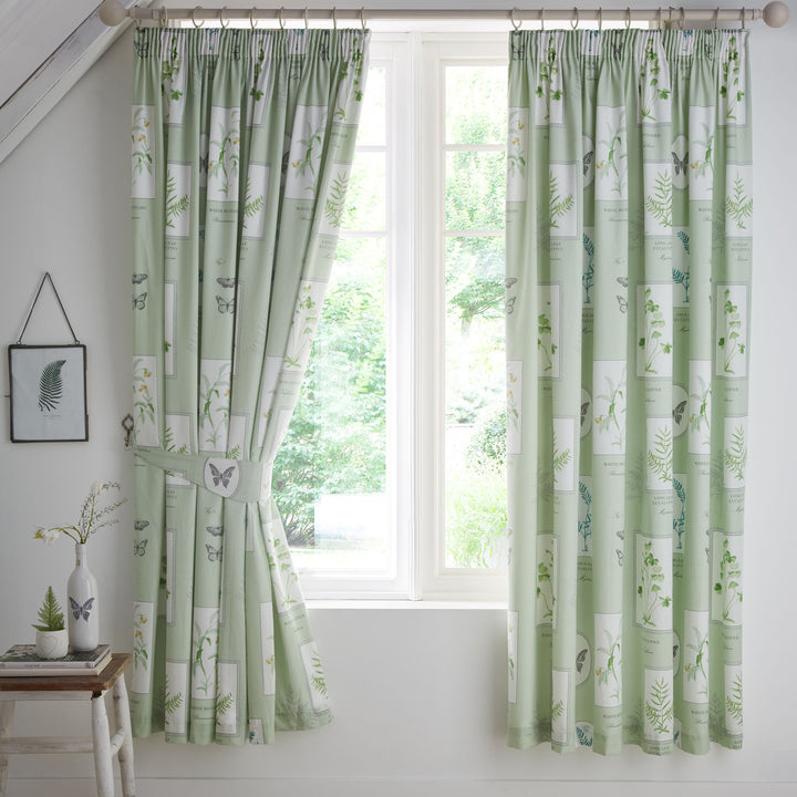 Floral Garden Pair of Pencil Pleat Curtains With Tie-Backs by Dreams & Drapes Design in Green - Pair of Pencil Pleat Curtains With Tie-Backs - Dreams & Drapes Design