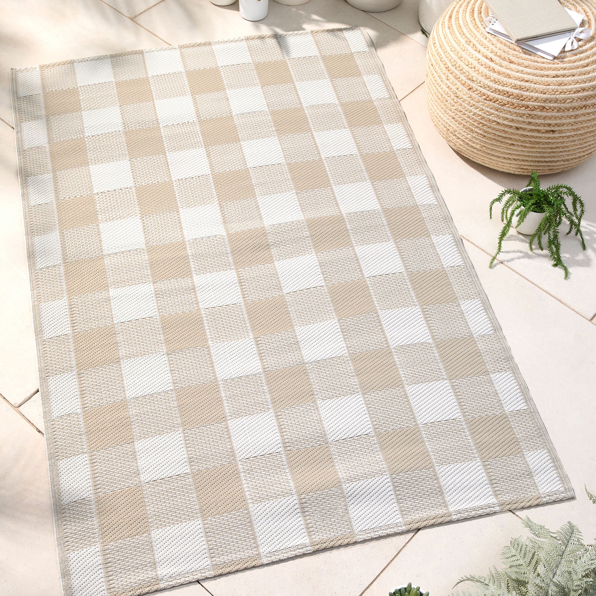 Gingham Outdoor Rug by Dreams & Drapes Design in Natural 120 x 170cm - Outdoor Rug - Dreams & Drapes Design