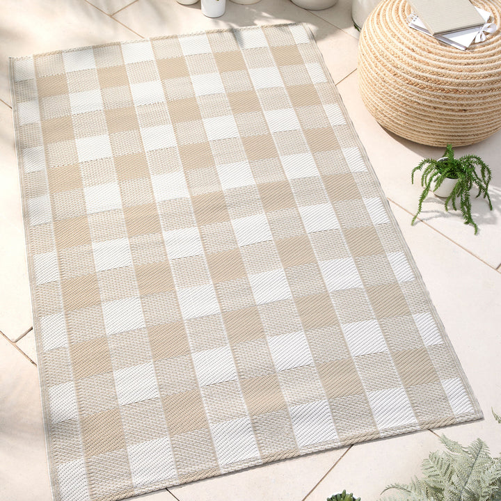 Gingham Outdoor Rug by Dreams & Drapes Design in Natural 120 x 170cm