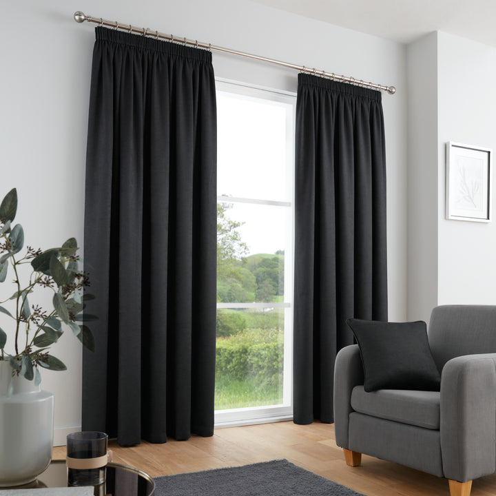 Galaxy Pair of Pencil Pleat Curtains by Fusion in Black - Pair of Pencil Pleat Curtains - Fusion