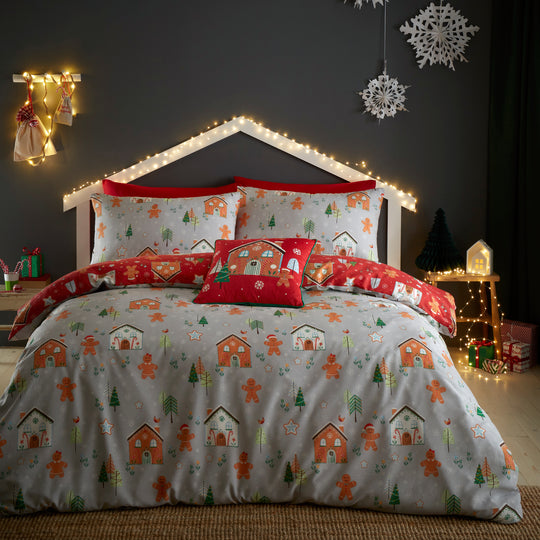 Gingerbread House Christmas Duvet Cover Set in Grey