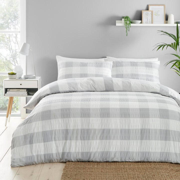 Seersucker Gingham Duvet Cover Set by Fusion in Silver - Duvet Cover Set - Fusion