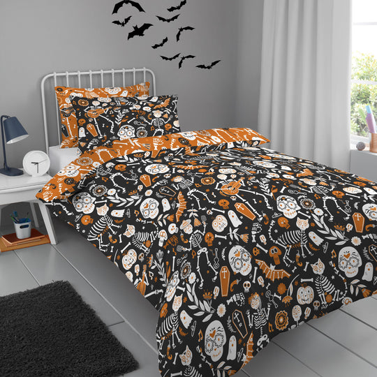 Halloween Day of the Dead Duvet Cover Set in Black/Orange