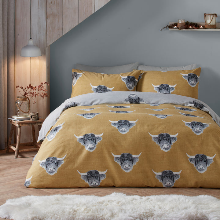 Highland Cow Duvet Cover Set by Fusion Snug in Ochre - Duvet Cover Set - Fusion Snug