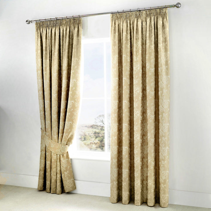 Jasmine Pair of Pencil Pleat Curtains With Tie-Backs by Dreams & Drapes Woven in Champagne - Pair of Pencil Pleat Curtains With Tie-Backs - Dreams & Drapes Woven
