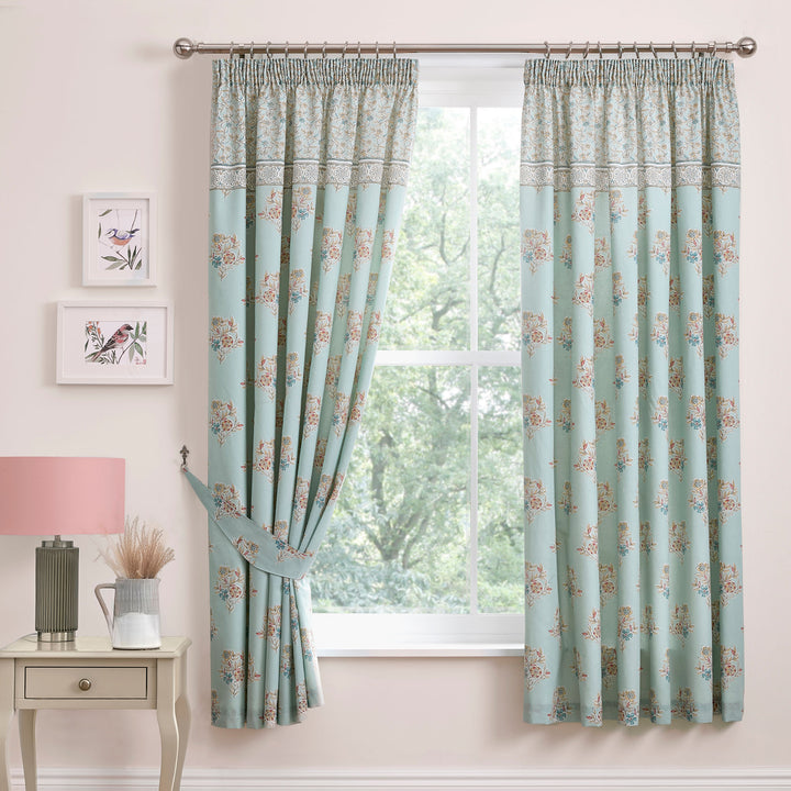 Lorena Patchwork Pair of Pencil Pleat Curtains With Tie-Backs by Dreams & Drapes Design in Duck Egg - Pair of Pencil Pleat Curtains With Tie-Backs - Dreams & Drapes Design