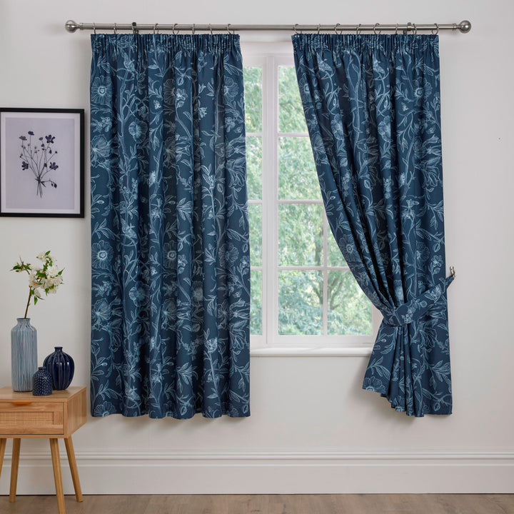 Lorie Pair of Pencil Pleat Curtains With Tie-Backs by Dreams & Drapes Design in Blue - Pair of Pencil Pleat Curtains With Tie-Backs - Dreams & Drapes Design