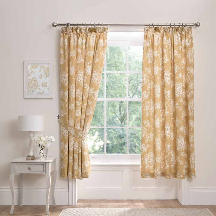 Mishka Pair of Pencil Pleat Curtains With Tie-Backs by Dreams & Drapes Design in Gold - Pair of Pencil Pleat Curtains With Tie-Backs - Dreams & Drapes Design