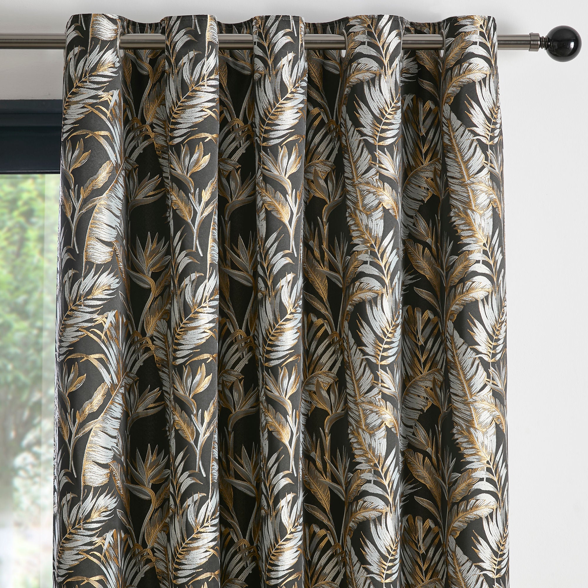 Paradise Palm Pair of Eyelet Curtains by Laurence Llewelyn-Bowen in Black - Pair of Eyelet Curtains - Laurence Llewelyn-Bowen