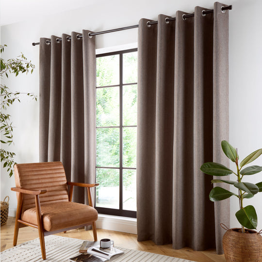 Plain Twill Pair of Eyelet Curtains in Chocolate