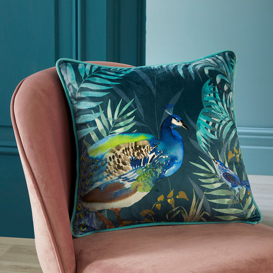 Peacock Jungle Cushion in Teal 43 x 43cm