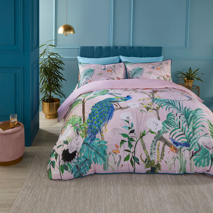 Peacock Jungle Duvet Cover Set by Soiree in Pink - Duvet Cover Set - Soiree