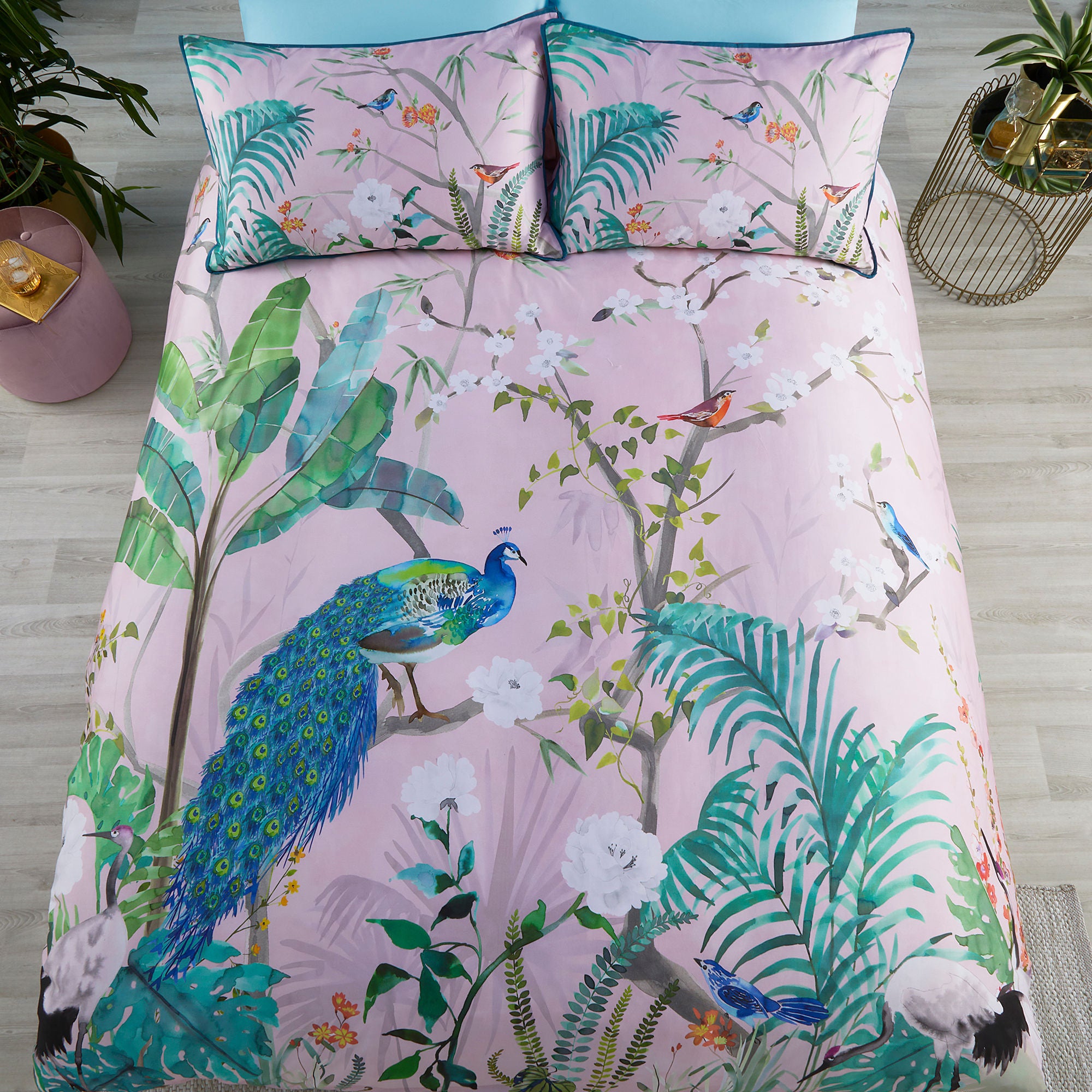 Peacock Jungle Duvet Cover Set by Soiree in Pink - Duvet Cover Set - Soiree