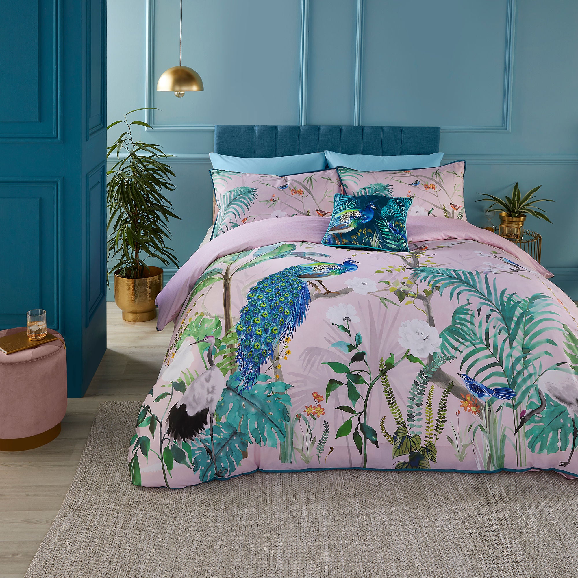 Peacock Jungle Duvet Cover Set by Soiree in Pink - Duvet Cover Set - Soiree