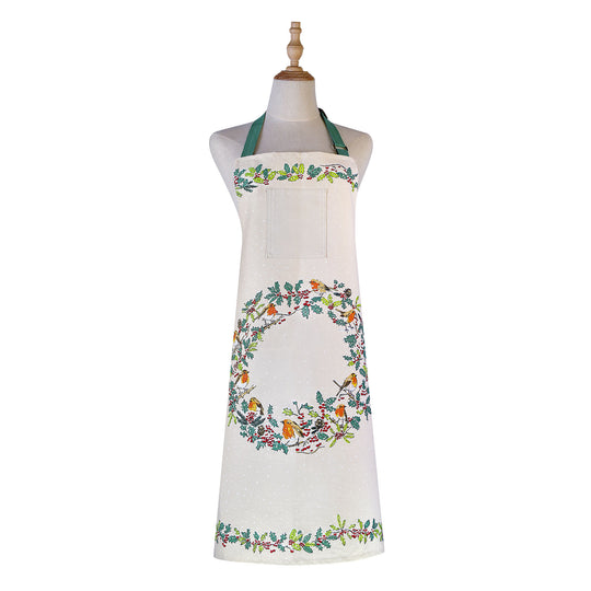 Christmas Robins Cotton Apron in Green