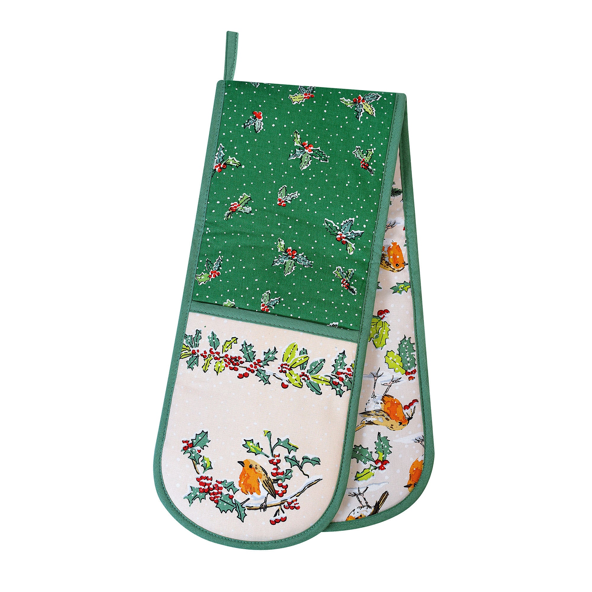 Christmas Robins Double Oven Glove in Green - Double Oven Glove - Ulster Weavers