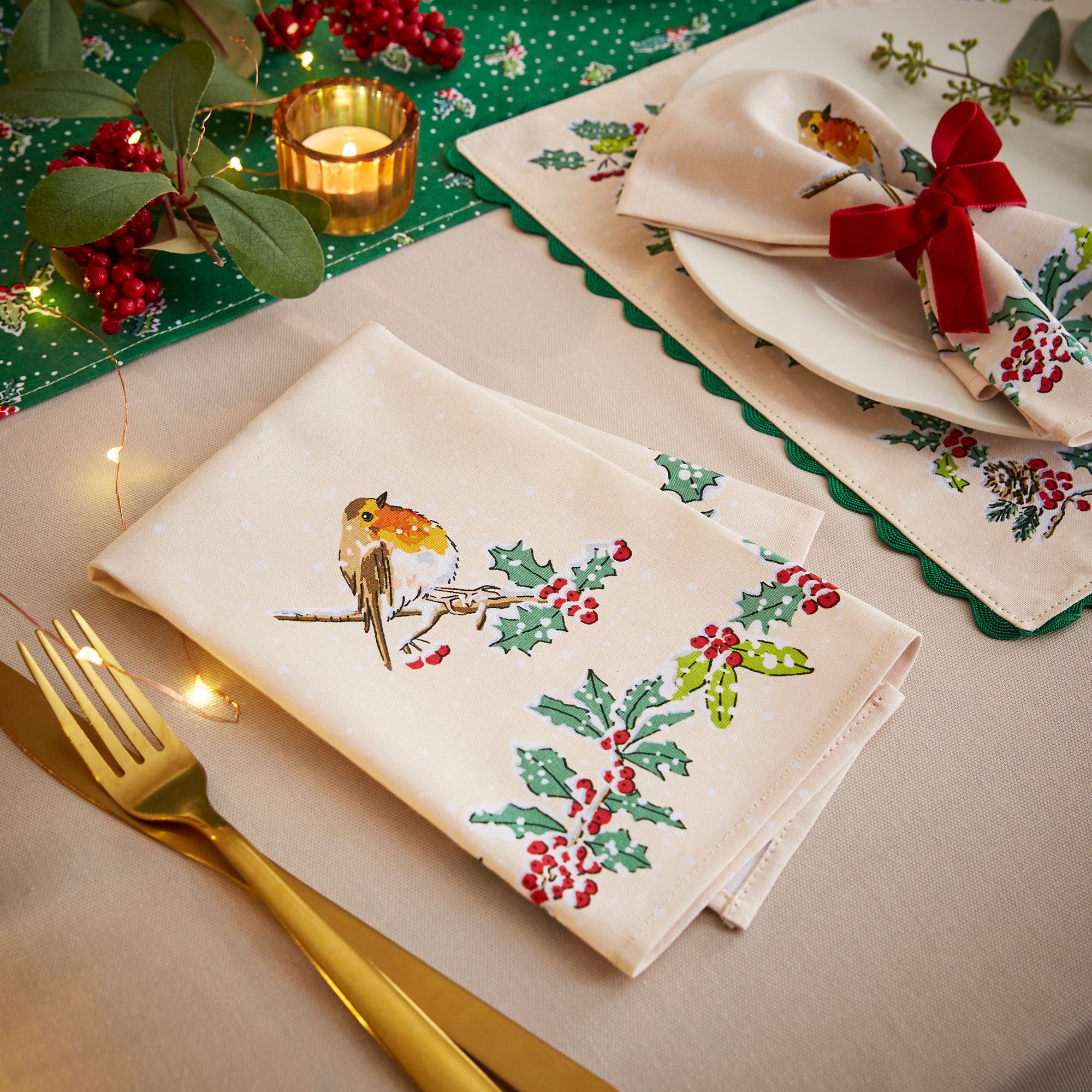 Christmas Robins Napkins 2 Pack in Green - Napkin - Ulster Weavers