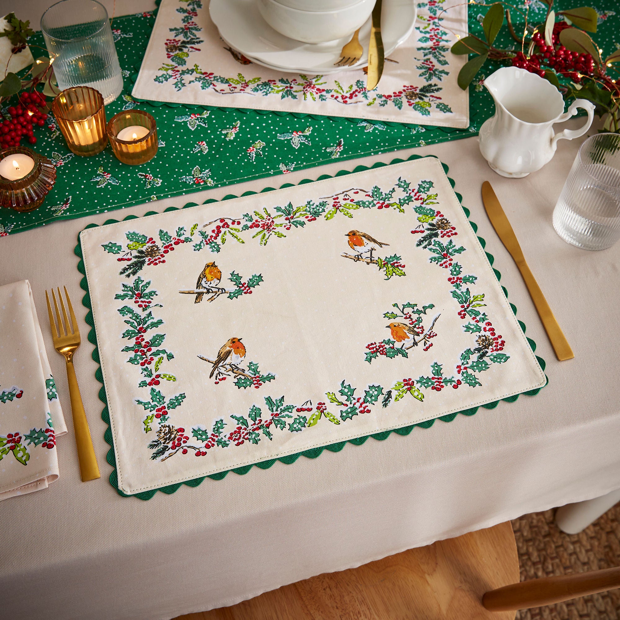 Christmas Robins Cotton Placemats 2 Pack in Green - Placemat - Ulster Weavers