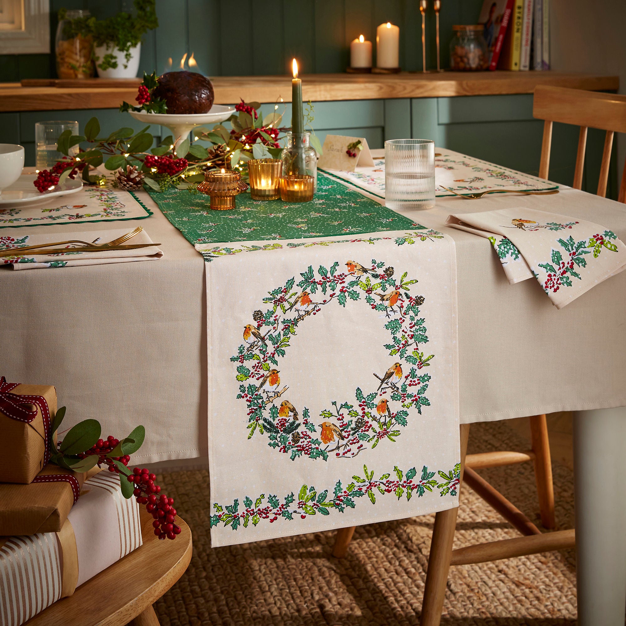 Christmas Robins Cotton Placemats 2 Pack in Green - Placemat - Ulster Weavers