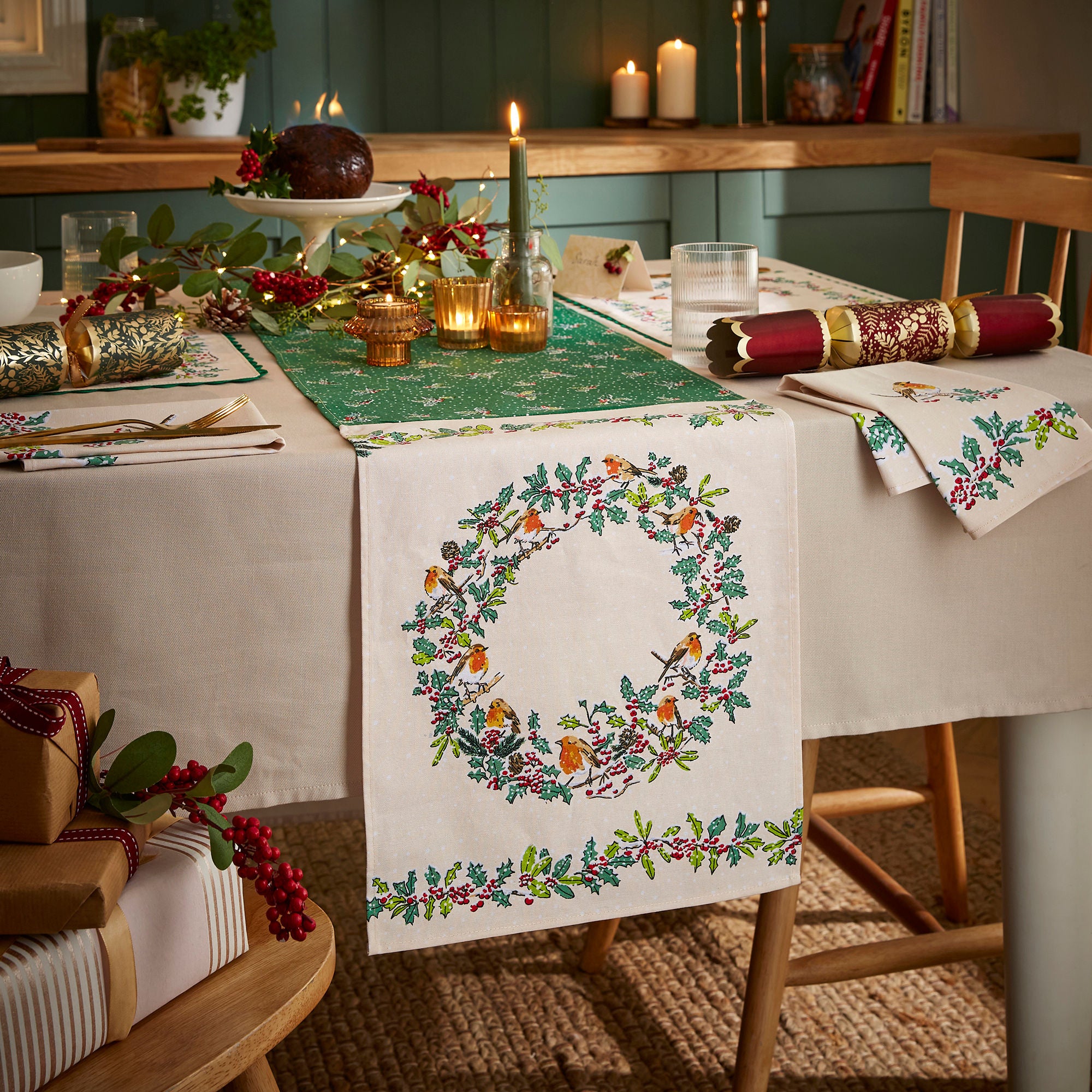 Christmas Robins Table Runner in Green - Table Runners - Ulster Weavers